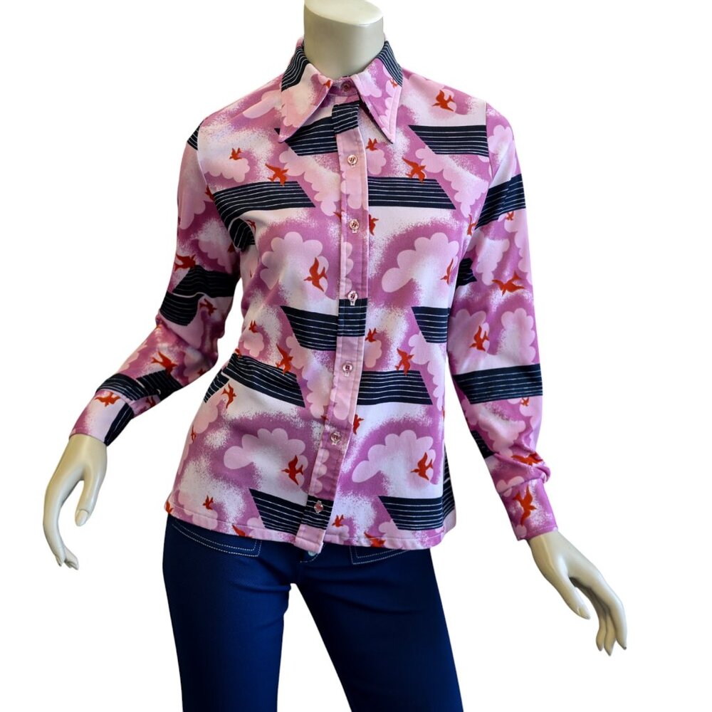 Vintage 1970s Button-Down Shirt w/Cloud & Bird Print